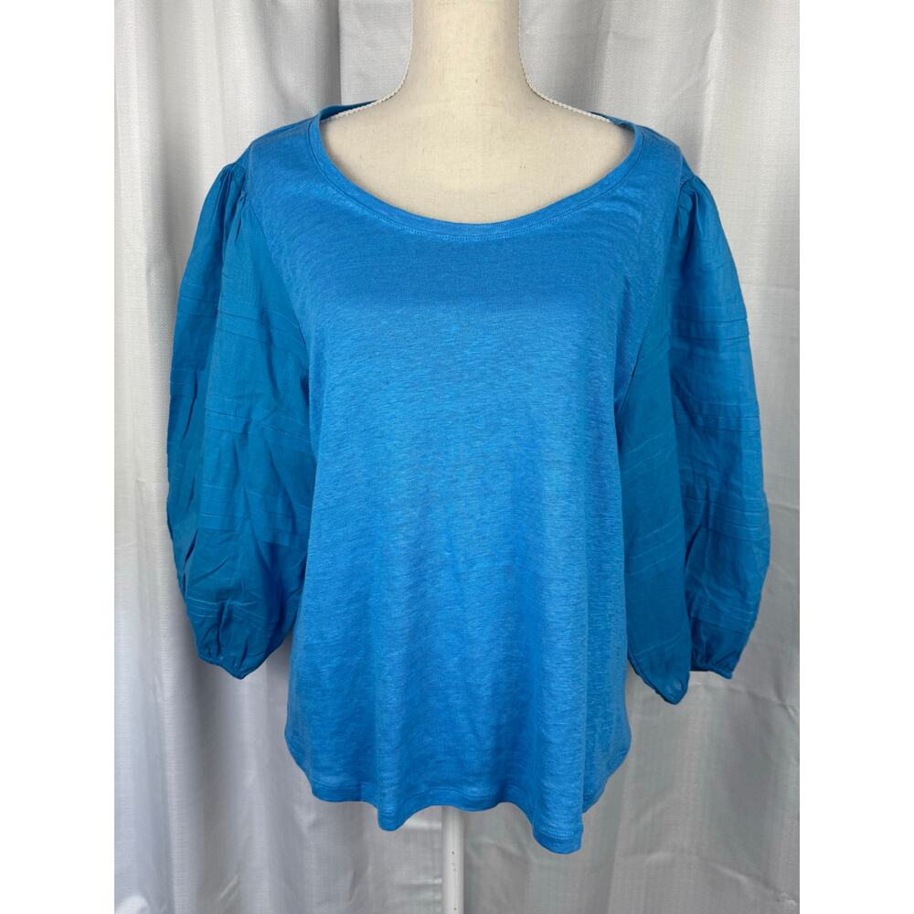 Chico’s Linen Top Boho Coastal Grandma Balloon Sleeve Blue XL‎